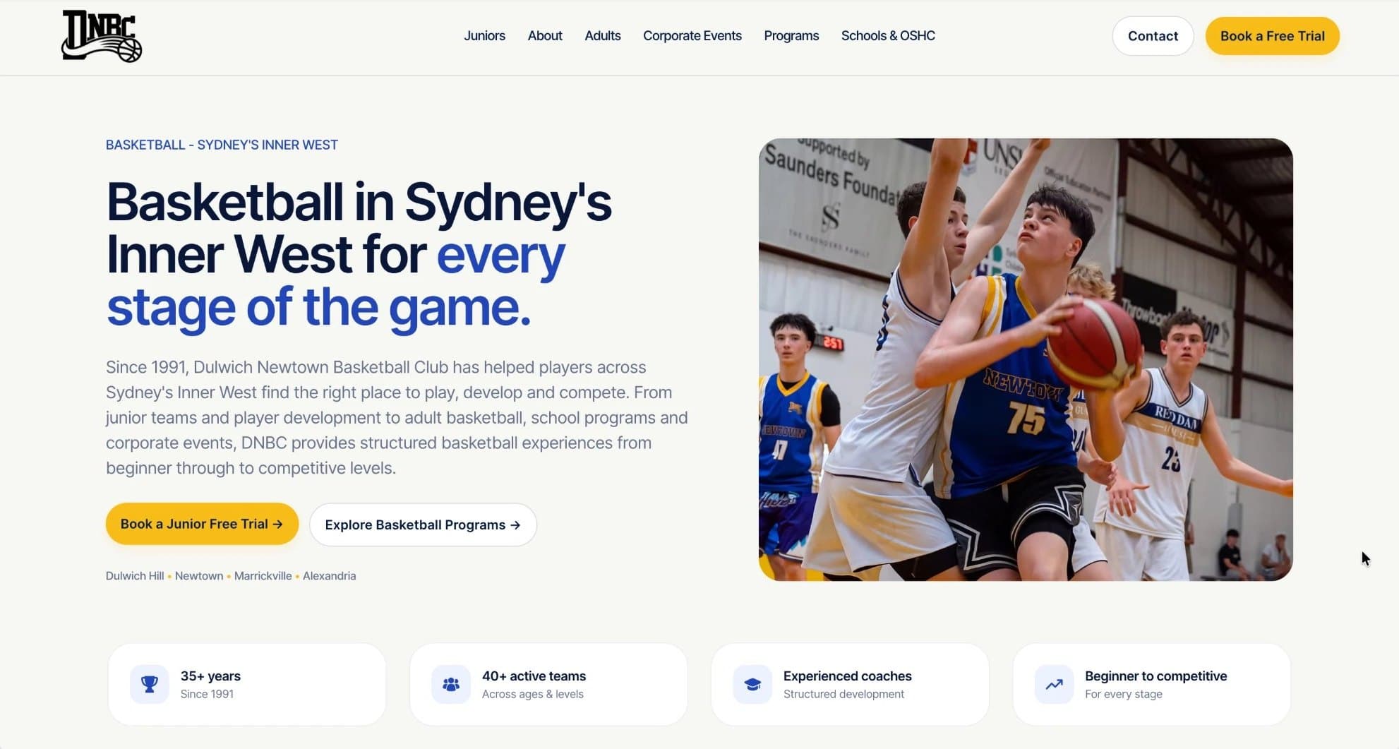 Dulwich Newtown Basketball Club website homepage, designed and built by Shayan Ramezani